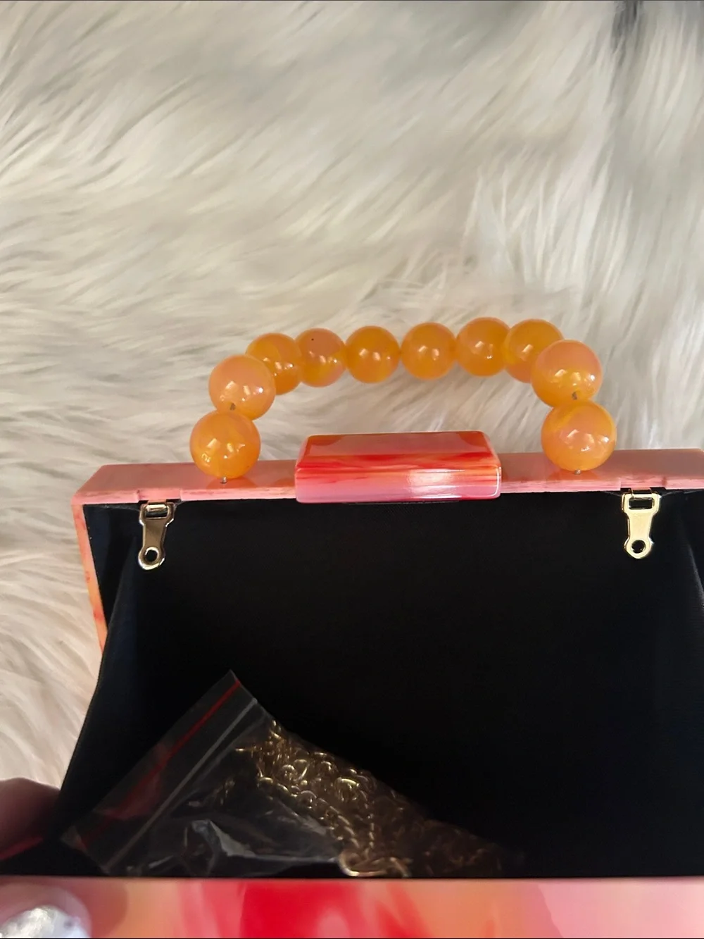 NWT Marbled Orange-Pink Acrylic Top-Handle Clutch w/ chain